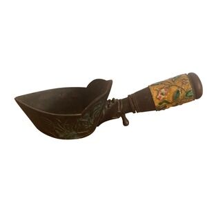 Antique Chinese Bronze Silk Pan Iron Cloisonne Floral Handle Figural Face China